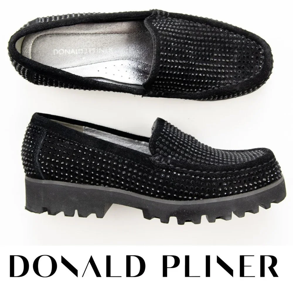 Donald J Pliner Rio Loafers Crystal Embellished Chunky Suede Shoes Black SIze 6 - Picture 1 of 8